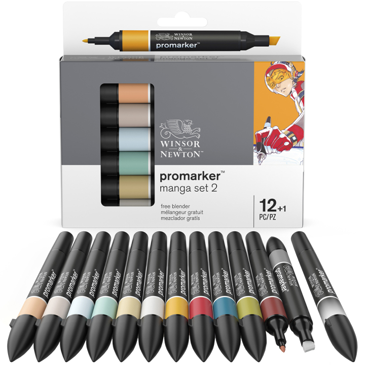ProMarker sæt 12 stk + blender (Manga set 2) i gruppen Penne / Kunstnerpenne / Tuschpenne hos Pen Store (100559)