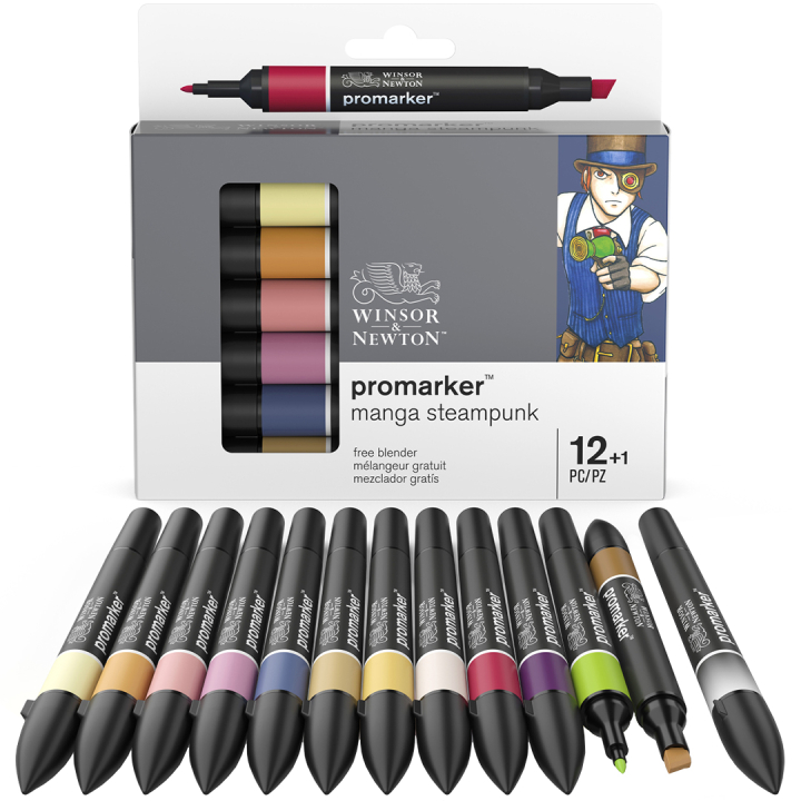 ProMarker sæt 12 stk + blender (Manga Steampunk) i gruppen Penne / Kunstnerpenne / Illustrationmarkers hos Pen Store (100562)