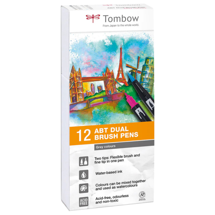 ABT Dual Brush pen 12-set Grey i gruppen Penne / Kunstnerpenne / Penselpenne hos Pen Store (101093)
