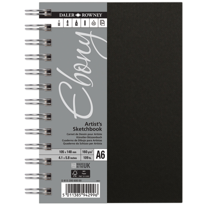 Ebony Artist's Sketch Book Spiral A6 i gruppen Papir & Blok / Kunstnerblok / Skitsebøger hos Pen Store (101472)