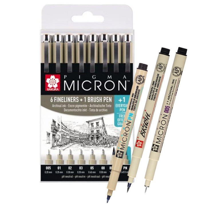 Pigma Micron Fineliner 6-set + 1 Brush Pen + 1 PN i gruppen Penne / Skrive / Fineliners hos Pen Store (103855)