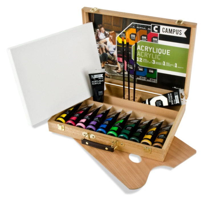Campus Wood Case Acrylic Color 12x100 ml Tubes i gruppen Kunstnerartikler / Farver / Akrylmaling hos Pen Store (108326)