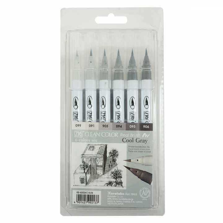 Clean Color Real Brush 6-pack Kold grå i gruppen Penne / Kunstnerpenne / Akvarelblyanter hos Pen Store (126934)