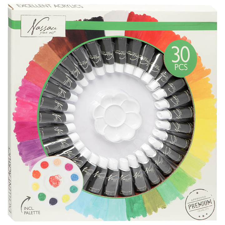 Akrylfarve 12ml 30-sæt + palet i gruppen Kunstnerartikler / Kunstnerfarver / Akrylmaling hos Pen Store (129364)