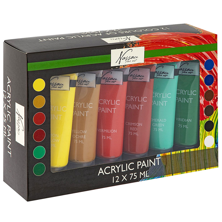 Akrylfarve 75ml Basics 12-sæt i gruppen Kunstnerartikler / Kunstnerfarver / Akrylmaling hos Pen Store (129365)