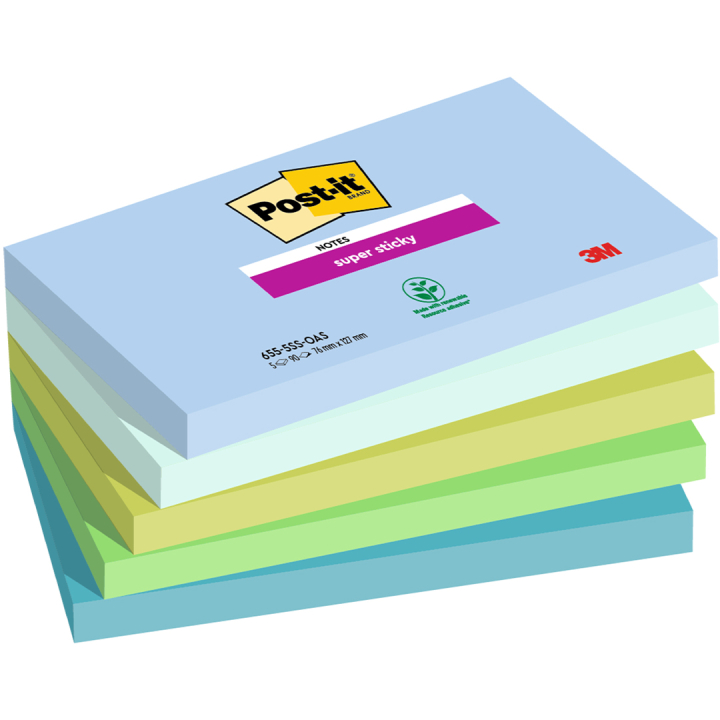 Post-it Super Sticky 76x127 Farvemix Oasis 5-pak i gruppen Papir & Blok / Skriv og noter / Post-it og notesblokke hos Pen Store (135717)