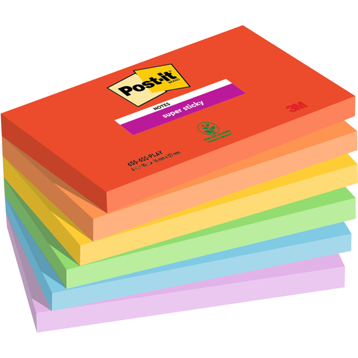 Post-it Super Sticky 76x127 Farvemix Playful 6-pak i gruppen Papir & Blok / Skriv og noter / Post-it og notesblokke hos Pen Store (135720)