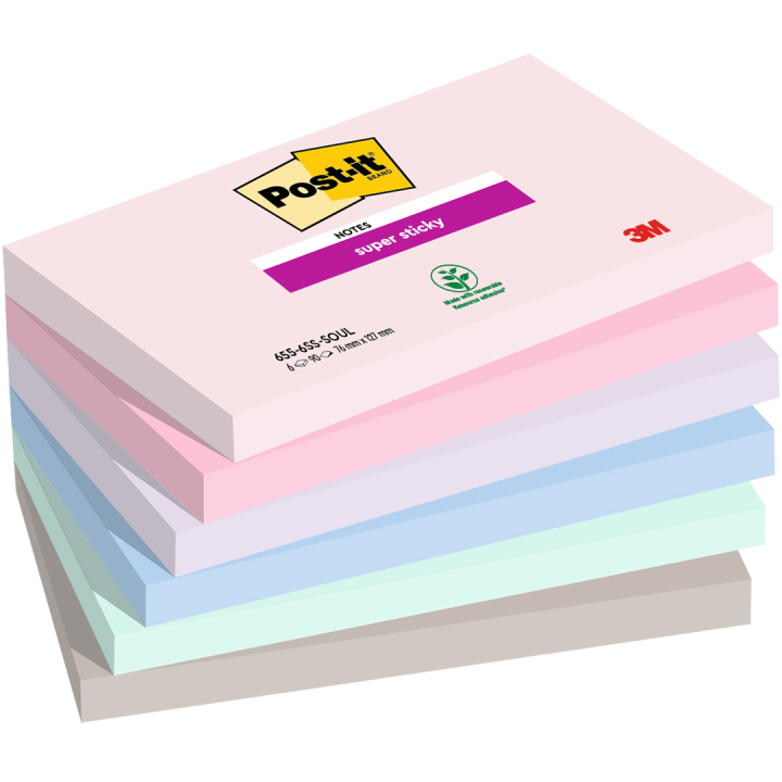 Post-it Super Sticky 76x127 Farvemix Soulful 6-pak i gruppen Papir & Blok / Skriv og noter / Post-it og notesblokke hos Pen Store (135722)