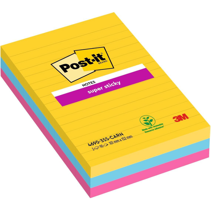 Post-it Super Sticky 101 x 152 mm Farvemix Carnival Linjeret 3-pak i gruppen Papir & Blok / Skriv og noter / Post-it og notesblokke hos Pen Store (135725)