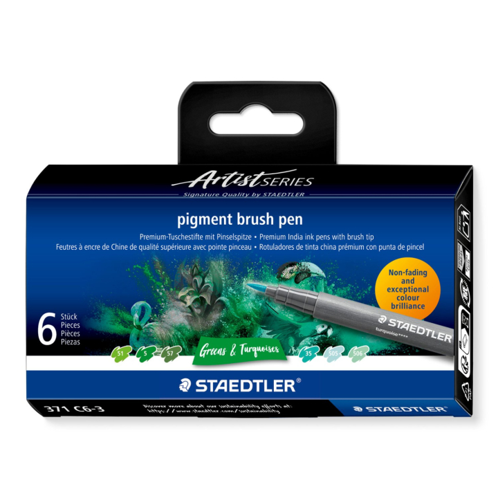 Pigment Arts Brush Pen 6-sæt Green/Turquoise i gruppen Penne / Kunstnerpenne / Penselpenne hos Pen Store (137613)