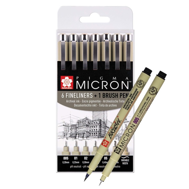 Pigma Micron Fineliner sæt 6 stk + 1 Brush Pen