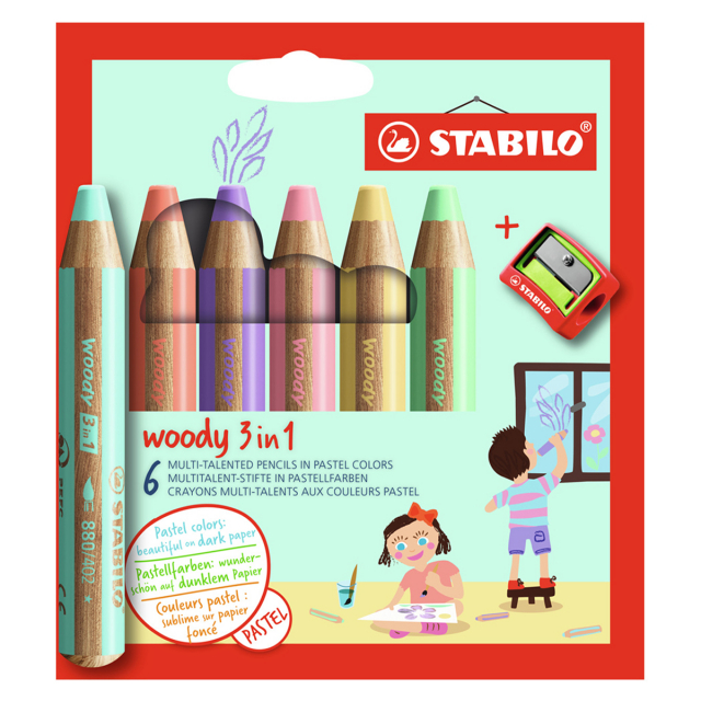 Woody 3-in-1 Farvepenne Pastel 6-sæt + spidsere