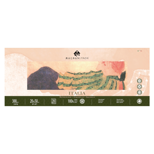 Akvarelblok Italia 100% Bomuld 300g Fine Grain 20x50cm 20 Sheets