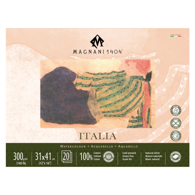 Akvarelblok Italia 100% Bomuld 300g Fine Grain 31x41cm 20 Sheets