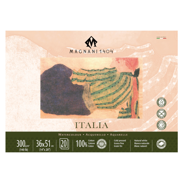 Akvarelblok Italia 100% Bomuld 300g Fine Grain 36x51cm 20 Sheets