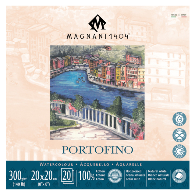 Akvarelblok Portofino 100% Bomuld 300g Satin 20x20cm 20 Sheets