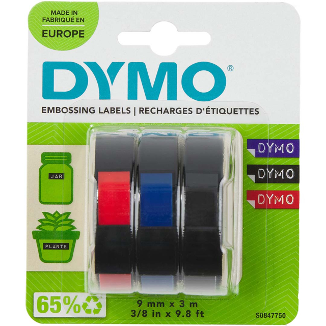 Selvklæbende prægetape 9mm x 3m Red/Blue/Black 3-pak