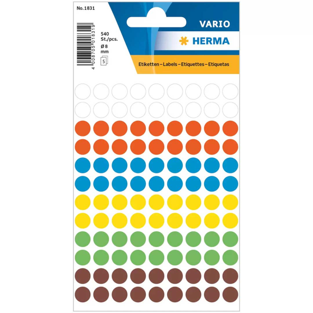 Rund selvklæbende etiket Ø8mm 540-pak Colourmix