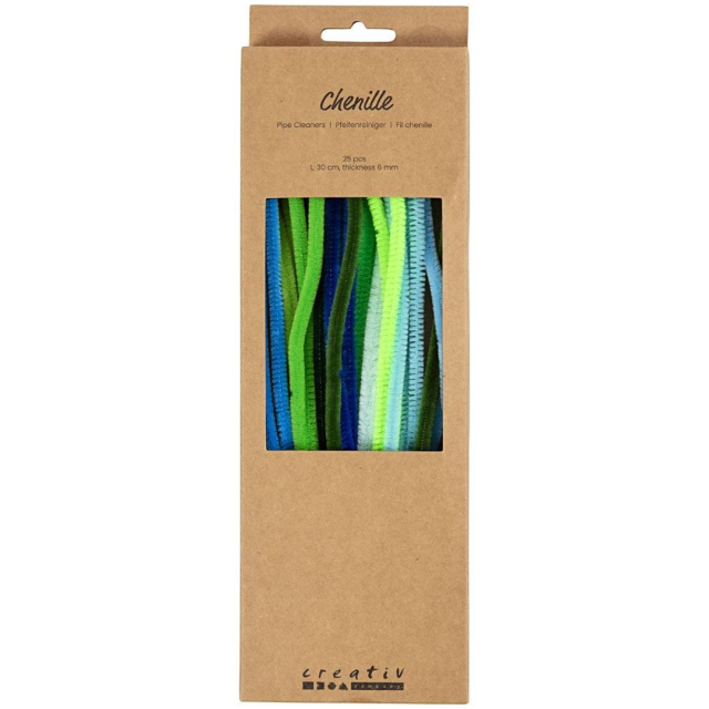 Piberensere Chenille 30 cm 25-pak blågrøn farveblanding