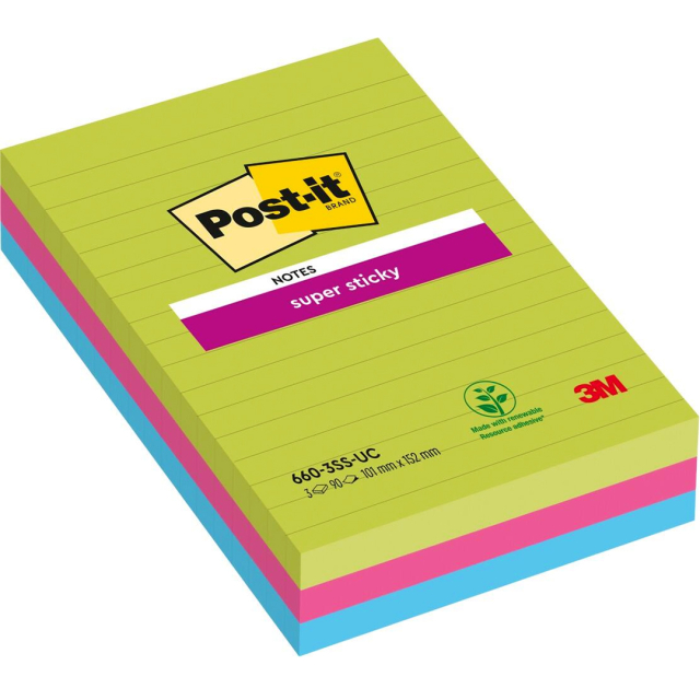 Post-it Super Sticky 101 x 152 mm Farvemix Linjeret 3-pak
