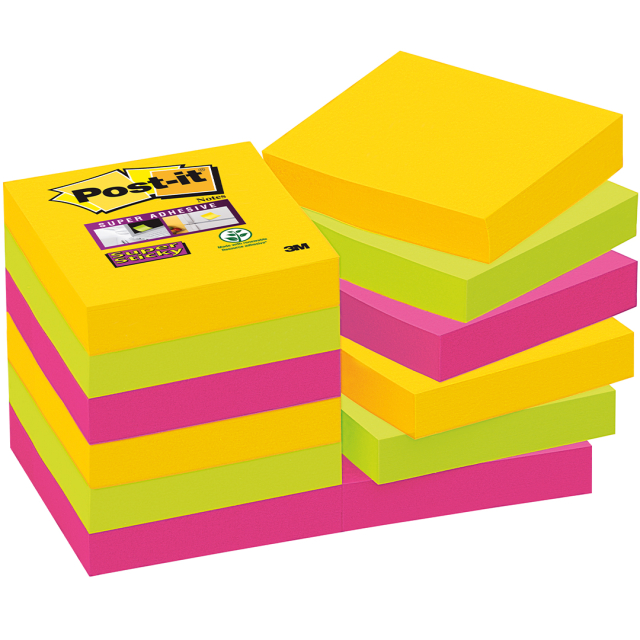 Post-it Super Sticky 47,6x47,6 Farvemix Carnival 12-pak