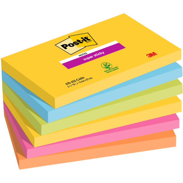 Post-it Super Sticky 76x127 Farvemix Carnival 6-pak