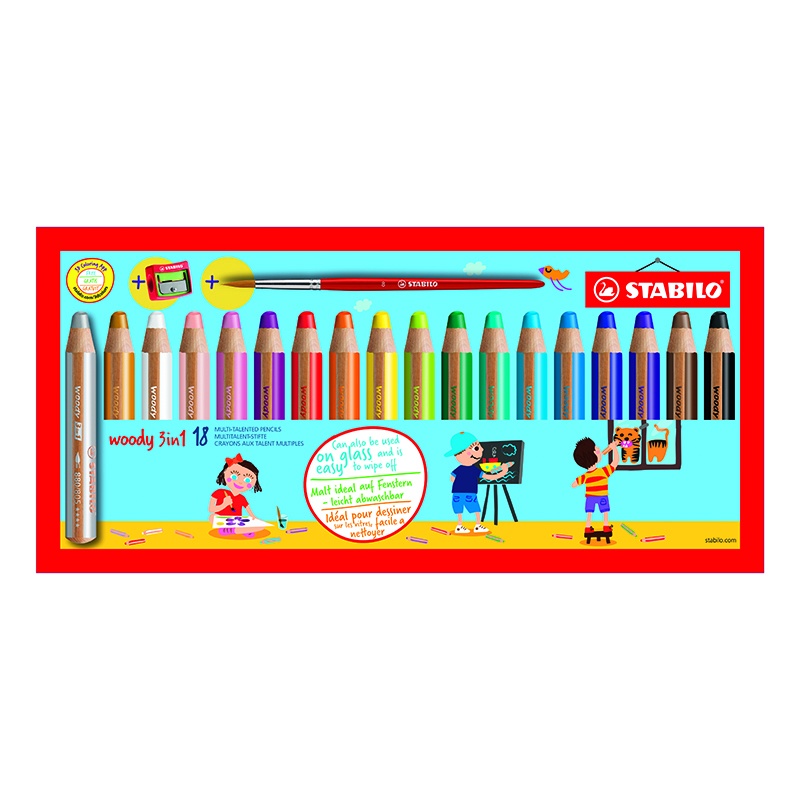 Woody 3-in-1 Farvepenne 18-sæt + spidsere og pensel i gruppen Kids / Børnepenne / Farvepenne for børn hos Pen Store (100445)