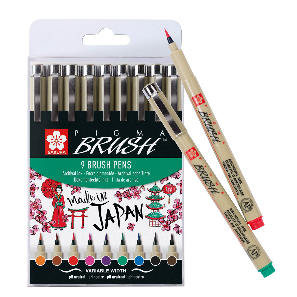 Pigma Micron Brush Color sæt 9 stk i gruppen Penne / Skrive / Fineliners hos Pen Store (103307)