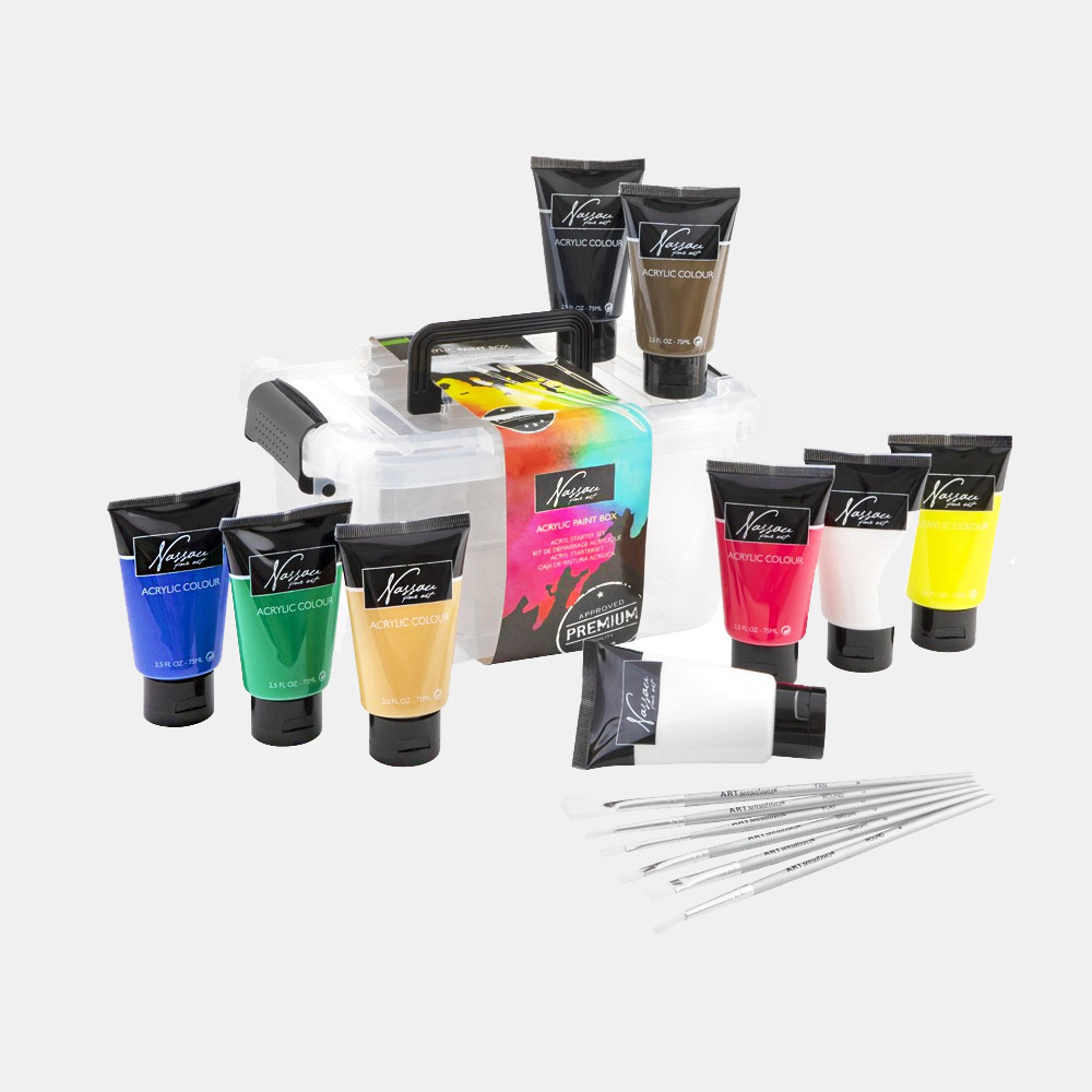 Akrylboks 9 farve (75 ml) + 6 børster i gruppen Kunstnerartikler / Farver / Akrylfarver hos Pen Store (128539)