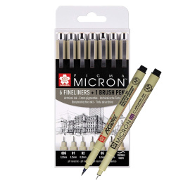 Pigma Micron Fineliner sæt 6 stk + 1 Brush Pen i gruppen Penne / Skrive / Fineliners hos Pen Store (103501)